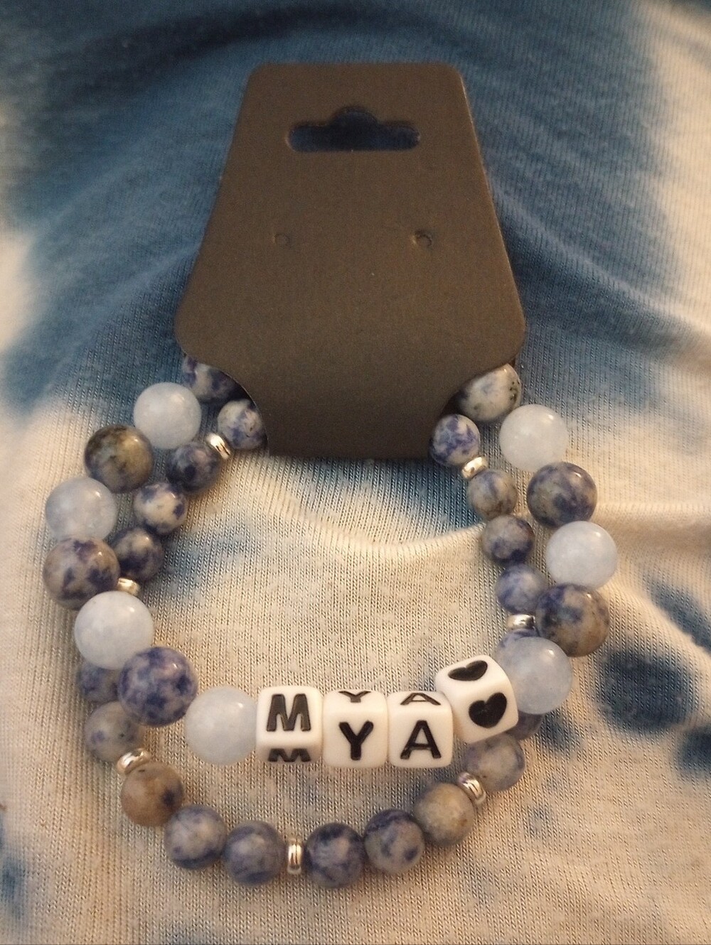 Personalized "MYA" Blue Beaded Stretch Bracelet Set